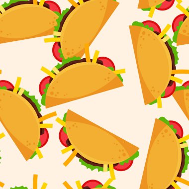 Taco kusursuz desen. Fast food ikonlu yaz afişi. Poster, menüler, broşür ve web sayfaları için düz vektör illüstrasyonu