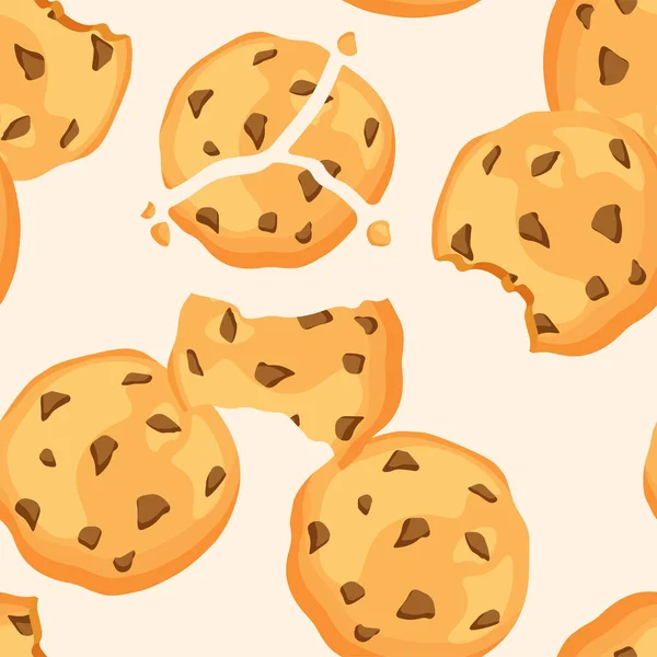 Galletas Chip Tradicional Patrón Sin Costura Galleta Mordida Rota Con — Vector de stock