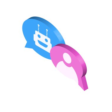 Beyaz arka planda izole edilmiş bir sohbet robotu konsepti. İleti simgesi. Konuşma için mesaj baloncuklarının düz tasarımı. Vektör illüstrasyonu robot ve insanla sohbet ediyor. İletişim yardım servisi.