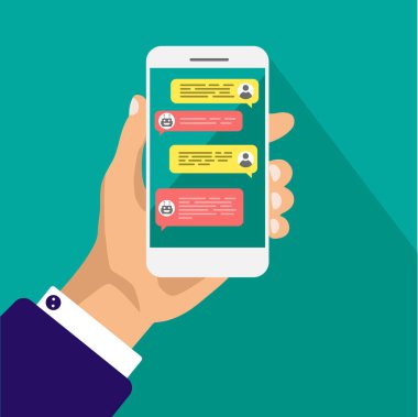 Sohbet robotu konsepti. Diyalog kutularıyla akıllı telefonu tutuyor. Mesajlaşma baloncuklarının düz tasarımı. Robot ve insan arasında sohbet. Vektör illüstrasyonu yeşil arkaplanda izole edildi.