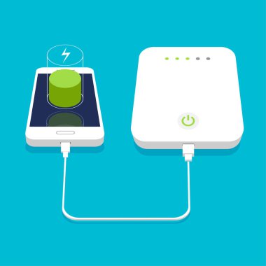 Şarjım bitiyor. Harici güç bankasıyla şarj olan 3D akıllı telefon. Veritabanı depolama aygıtı kavramı. Vektör illüstrasyonu.