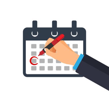 Takvim simgesi. El takvimdeki tarihi belirler. Logo şablonu. Teslim tarihi konsepti. Vektör illüstrasyonu beyaz arkaplanda izole edildi.