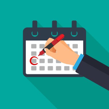 Takvim simgesi. El takvimdeki tarihi belirler. Logo şablonu. Teslim tarihi konsepti. Vektör illüstrasyonu.