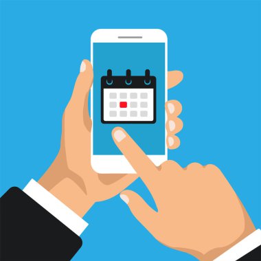 Adam telefonu tutuyor ve takvimdeki tarihi seçiyor. Teslim tarihi konsepti. Vektör illüstrasyonu.