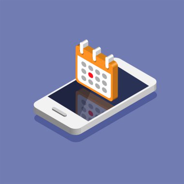 Üzerinde takvim ve işaretlenmiş tarih olan bir akıllı telefon. Olay ya da teslim tarihi konsepti. Menekşe arkaplanda izole edilmiş vektör illüstrasyonu.