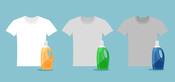 洗濯粉と洗剤の広告 白いTシャツの例を用いた洗剤の比較 洗浄前と後の服 ベクトルクリーンで汚れた灰色のシャツ — ストックベクタ