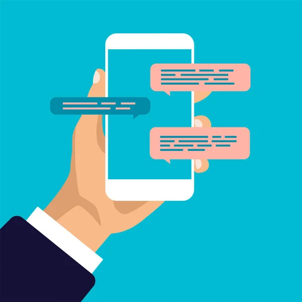 Concept Chat Ligne Main Tient Smartphone Avec Boîtes Dialogue Conception — Image vectorielle