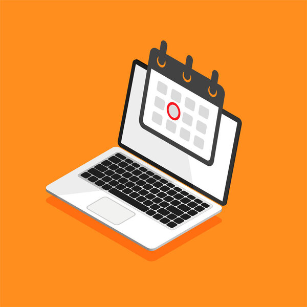 Изометрический ноутбук с календарем и выделенной датой. Концепция мероприятия или крайнего срока. Векторная иллюстрация.