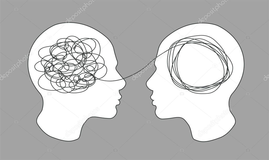 Psychotherapy concept. Abstract metaphor of problem solving or difficult situation. Tangle tangled and unraveled in people head. Simplification streamlining process. Vector illustration isolated.