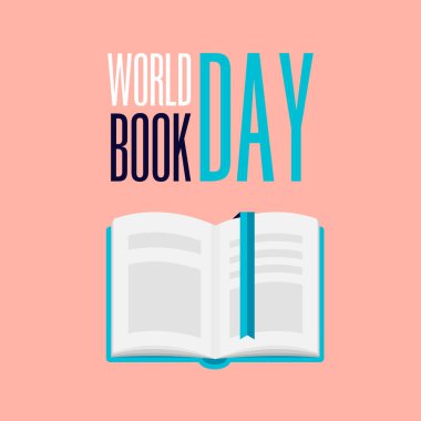 Dünya kitabı günü. Pembe arka planda ayrılmış kitap ayracı olan mavi bir kapakta açık bir kitap. Vektör illüstrasyonu.