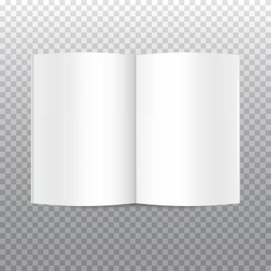 Şeffaf arkaplanda izole edilmiş açık beyaz kitabın vektör modeli. Yatay gerçekçi dergi, kitapçık, broşür ya da dizaynınız için defter şablonu. Kitabın ön tarafında..