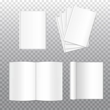 Vektör boş kitapların maketi. Kapak şeffaf arkaplanda izole edildi. Tasarımınız için gerçekçi kapalı ve açık bir kitap, dergi ya da defter şablonu. Kitabın ön tarafında..
