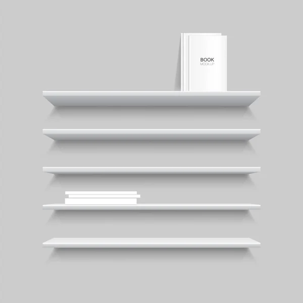 Vijf Witte Realistische Planken Met Boeken Erop Mock Sjabloon Van — Stockvector
