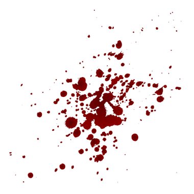 Gerçekçi kanlı sıçrayışlar. Kan damlası ve damlası. Kan lekeleri. Kırmızı su birikintileri. Vektör illüstrasyonu beyaz arkaplanda izole edildi.