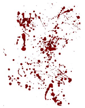 Gerçekçi kanlı sıçrayışlar. Kırmızı damla ve kan damlası. Kan lekeleri. Vektör illüstrasyonu beyaz arkaplanda izole edildi.
