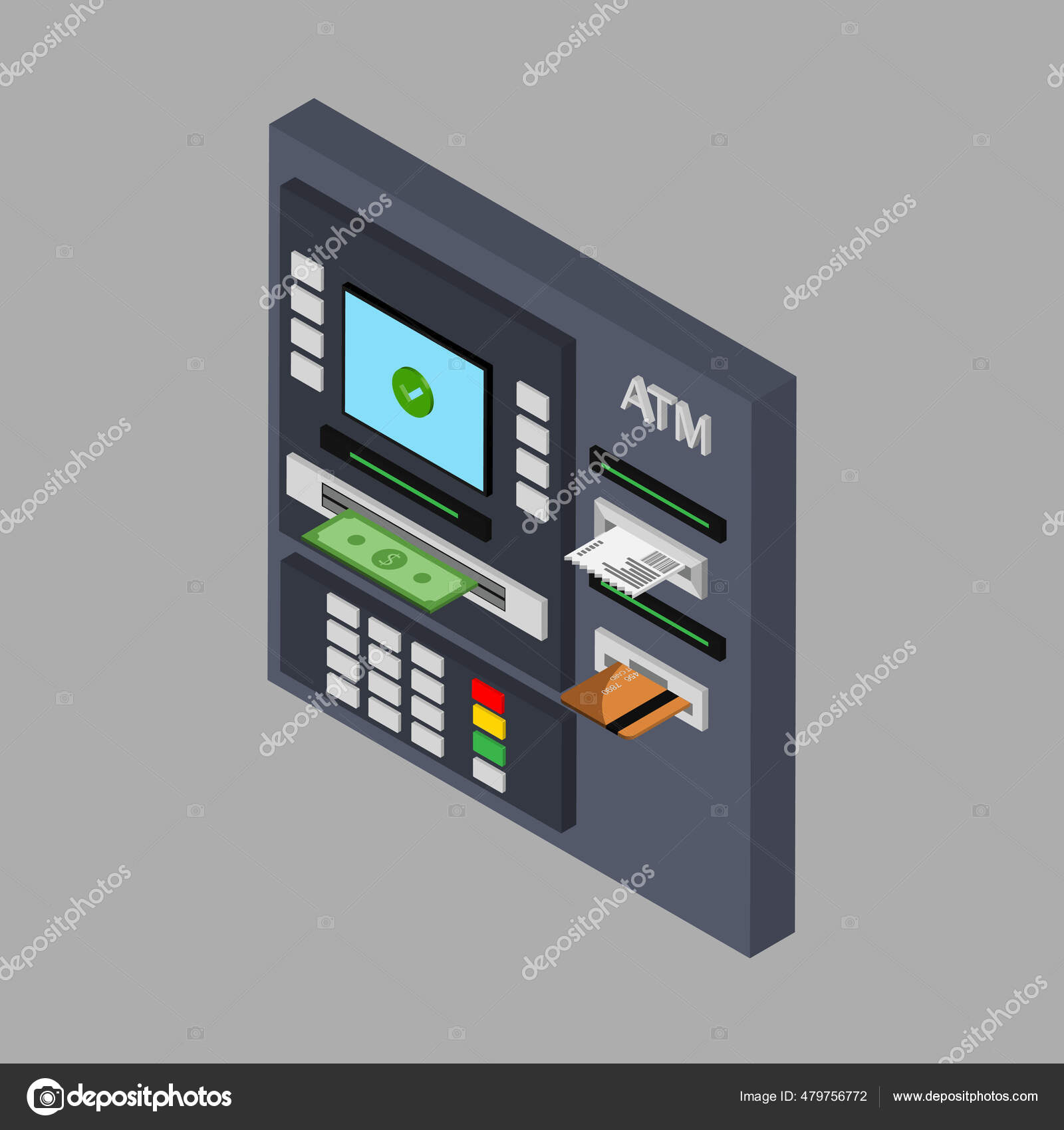 具有现金信用卡和支票的Atm机的等距设计从自动取款机取款使用自动终端矢量图解被隔离了图库矢量图©Konakhovska 479756772