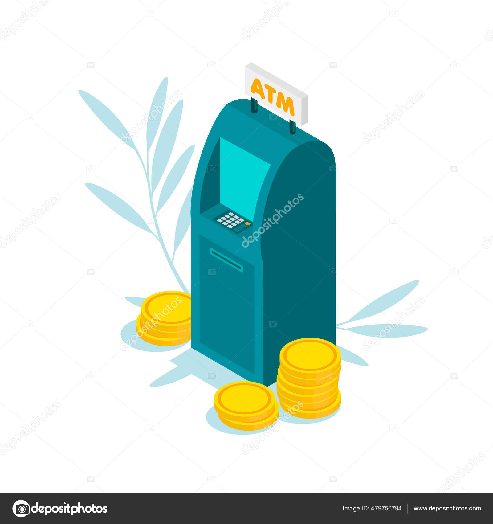 硬币自动取款机等距平面设计从自动取款机取款使用自动终端矢量图解被隔离了图库矢量图©Konakhovska 479756794