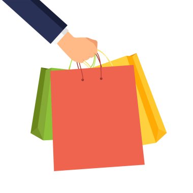 Beyaz arka planda izole edilmiş kağıt alışveriş torbaları. İş adamı çanta taşır. Satış konsepti. Vektör illüstrasyonu.