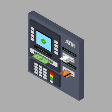 ATM 'nin nakit, kredi kartı ve çek ile tasarlanmış bir tasarımı. ATM 'den para çekmek. Otomat terminali kullanılıyor. Vektör çizimi. İzole edilmiş.