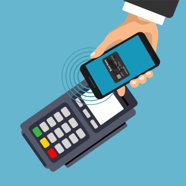 Vektör pos terminali ödemeyi akıllı telefondan doğruladı. NFC ödeme konsepti. Cep telefonu ve temassız ödeme. Ücret kartı konsepti.