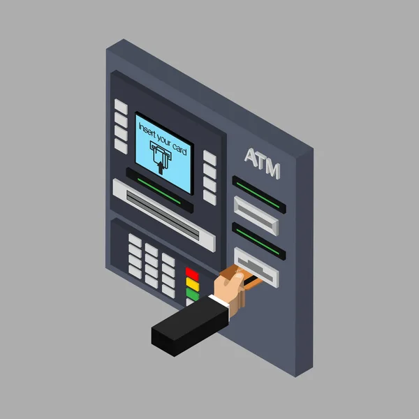 手でAtm機のアイソメトリックデザイン Atmにクレジットカードを挿入します 自動ターミナルを使う ベクトルイラスト — ストックベクタ