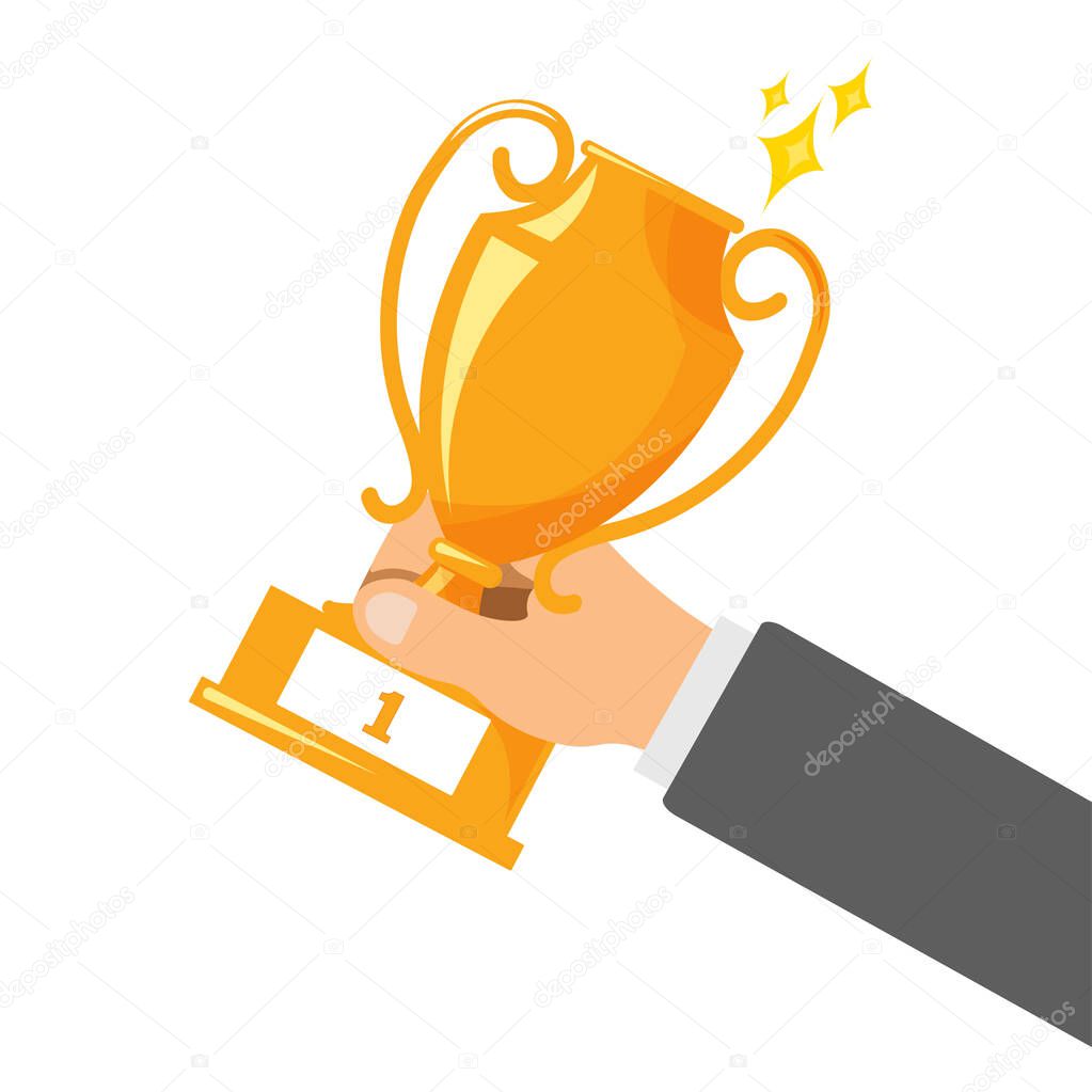 Business goal achievement vector concept. Flat design successful businessman holding golden cup award in hand. Leadership idea, first place prize victory, competition trophy winne