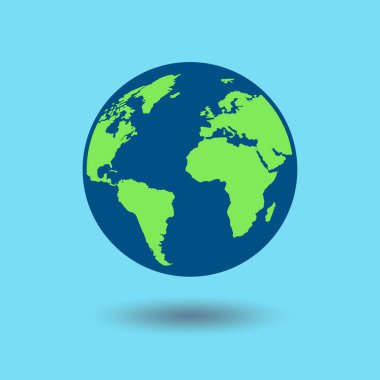Dünya 'nın düz dizaynı mavi arka planda izole edildi. Düz gezegen ikonu. Vektör illüstrasyonu.