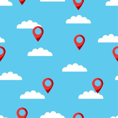 Bulutlu ve mavi arka planda kırmızı noktalı kusursuz bir seyahat şekli. Vektör turist konsepti. Web sayfası, kumaş, duvar kağıdı, tekstil, davetiye, broşür tasarımı.