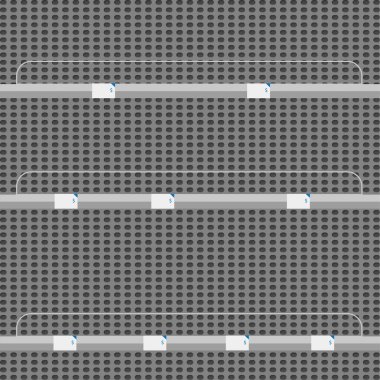 Vektör süpermarket rafı. Boş vitrinleri ve perakende raflarını düzenle ya da düzenle. Tasarımına hazırım. Ürün reklamı.