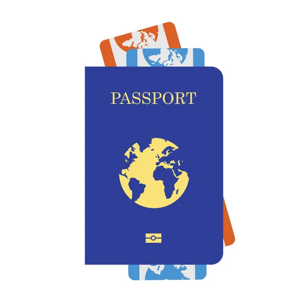航空券付きのパスポート 航空会社の旅行搭乗券のフラットデザイン ベクトルテンプレートまたは灰色の背景に隔離されたモックアップ — ストックベクタ