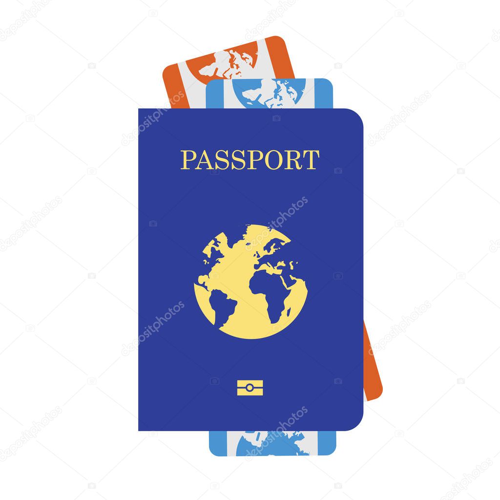 Passport with air tickets. Flat design of airline travel boarding pass. Vector template or mock up isolated on grey background.