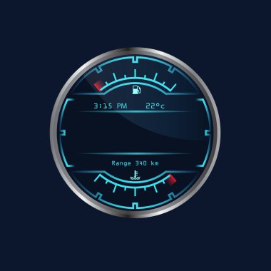 Neon gösterge paneli hız göstergesi. Benzin seviyesinin ölçeği. Oklu gerçekçi sensör paneli. Krom tahta. Hızı ölçüyorum. Vektör çizimi izole edildi.