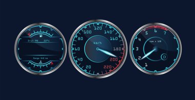 Gösterge paneli hız göstergeleri. Oklu gerçekçi sensör paneli. Benzin seviyesi ölçeği, taktik ölçer, araba hız göstergesi. Krom neon levha. Hızı ölçüyorum. Vektör çizimi izole edildi.