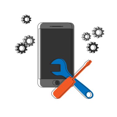 Çatlak akıllı telefon ekranı. Kırık cep telefonu beyaz arka planda izole edilmiş. Cep telefonu simgesini onar. İş aletleri. Vektör İllüstrasyonu.