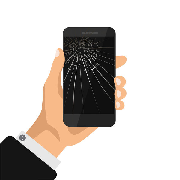 Сломанный экран смартфона. Рука держит сломанный мобильный телефон изолирован на белом фоне. Ремонт значка мобильного телефона. Рабочие инструменты. Векторная миграция.