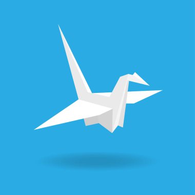 Moda tarzında gölgeli beyaz kağıt vinç. Origami simgesi mavi arkaplanda izole edildi. Vektör illüstrasyonu.