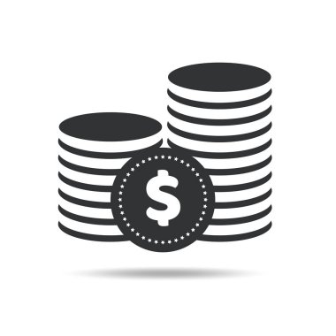 Düz tasarım madeni para siyah ikonu. Yığınla bozuk para. Beyaz arka planda izole edilmiş dolar. Vektör illüstrasyonu