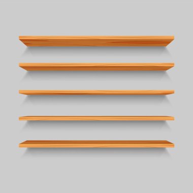 Beş tane gerçekçi ahşap raf. Gri arkaplanda izole edilmiş boş rafın şablonu. Tasarımın için iç mekanın bir parçası. Vektör illüstrasyonu.