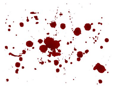 Gerçekçi kanlı sıçramalar. Kan damlası ve damlası. Kan lekeleri. İzole edilmiş. Beyaz arkaplanda vektör çizimi izole edildi. Kırmızı su birikintileri