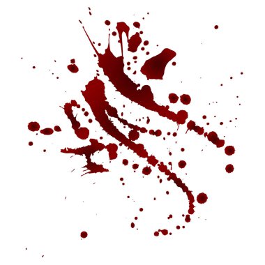 Gerçekçi kanlı sıçrayışlar. Kan damlası ve damlası. Kan lekeleri. İzole edilmiş. Beyaz arkaplanda vektör çizimi izole edildi. Kırmızı su birikintileri