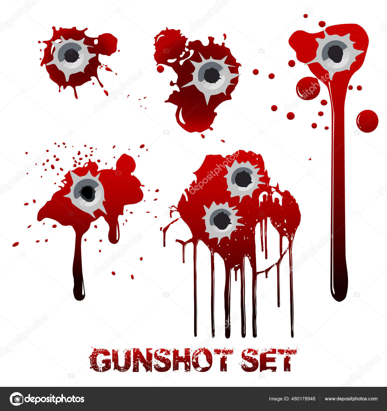 Set Bullet Holes Blood Walls Body Bloody Stains Spatter Smudges Stock