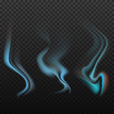 Set of realistic blue bright, smoke, wave, steam, vape on transparent backdrop. White decorative effects. Vector illustration. Isolated