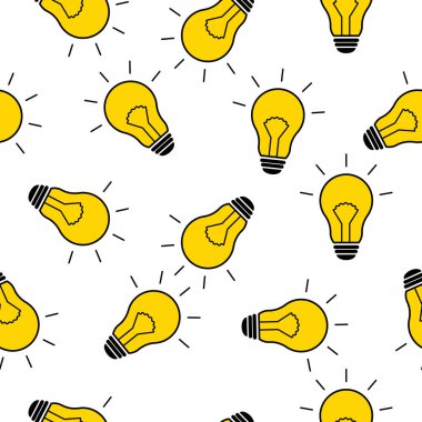 Ampullü kusursuz vektör deseni, arka planda elektrik lambası. Fikir işareti, çözüm, düşünme işareti deseni. Web sayfası arkaplanı, kumaş, duvar kağıdı, tekstil ve dekor için tasarım.