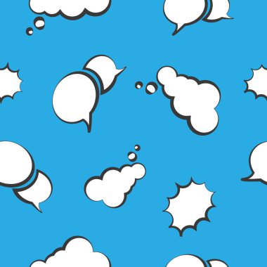 Boş beyaz baloncuk konuşması ve düşüncesi olan kusursuz bir şablon. Çizgi film pop sanatları ve komik arka planlar. Web sayfası arkaplanı, kumaş, duvar kağıdı, tekstil ve dekor için tasarım
