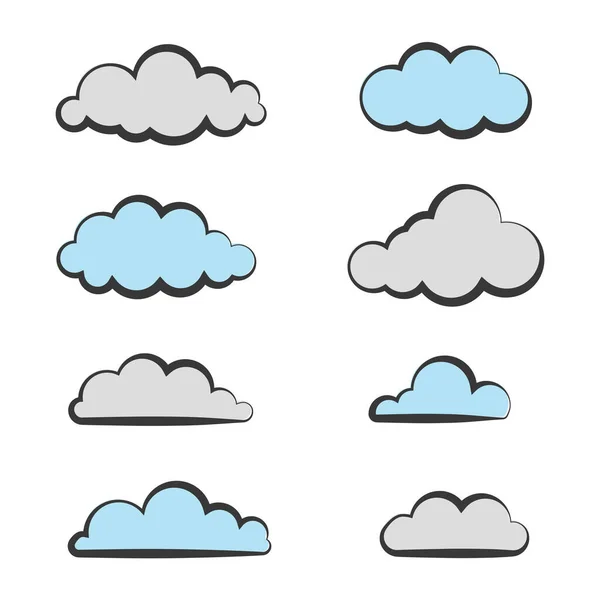 Conjunto Nubes Diseño Plano Aisladas Sobre Fondo Blanco Dibujos Animados — Vector de stock