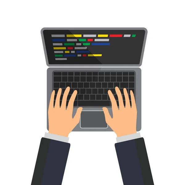 プログラマの書き込みコード 画面上のコードでキーボードを入力します Web開発者 デザイン プログラミング コーディングの概念 孤立したベクトル図 トップ表示 — ストックベクタ