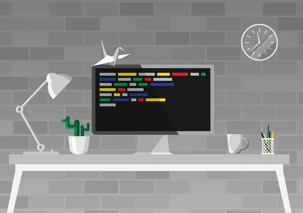屏幕上的程序代码上有计算机的现代工作空间 编码和编程概念 开发人员编程软件的矢量图解 编码方式 — 图库矢量图片