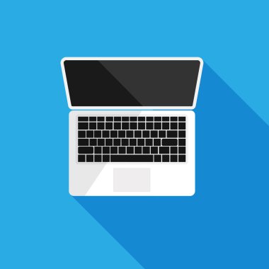 Düz dizüstü bilgisayar simgesi. Boş veya boş ekran. Bilgisayar maketi mavi arkaplanda izole edildi. Ofis için ekipman. Vektör illüstrasyonu.