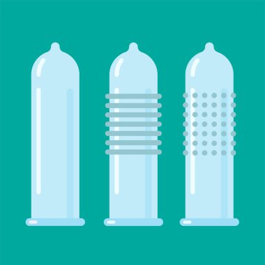 Vektör kondom ikonu. Doğum kontrol konsepti. Mavi arka planda izole edilmiş farklı türde prezervatif..