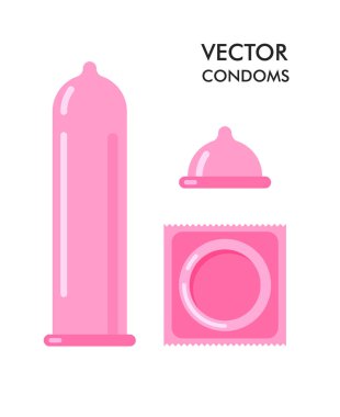 Vektör prezervatif ve paket simgesi. Kendini güvende tut. Beyaz arka planda izole edilmiş pembe doğum kontrol hapları. Mühürlü prezervatif.